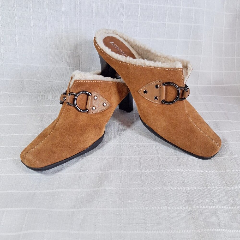 Aerosoles NWOT Cinnamon Brown Suede Cinch Shearly Heeled Mules Buckles Sz 8-1/2B